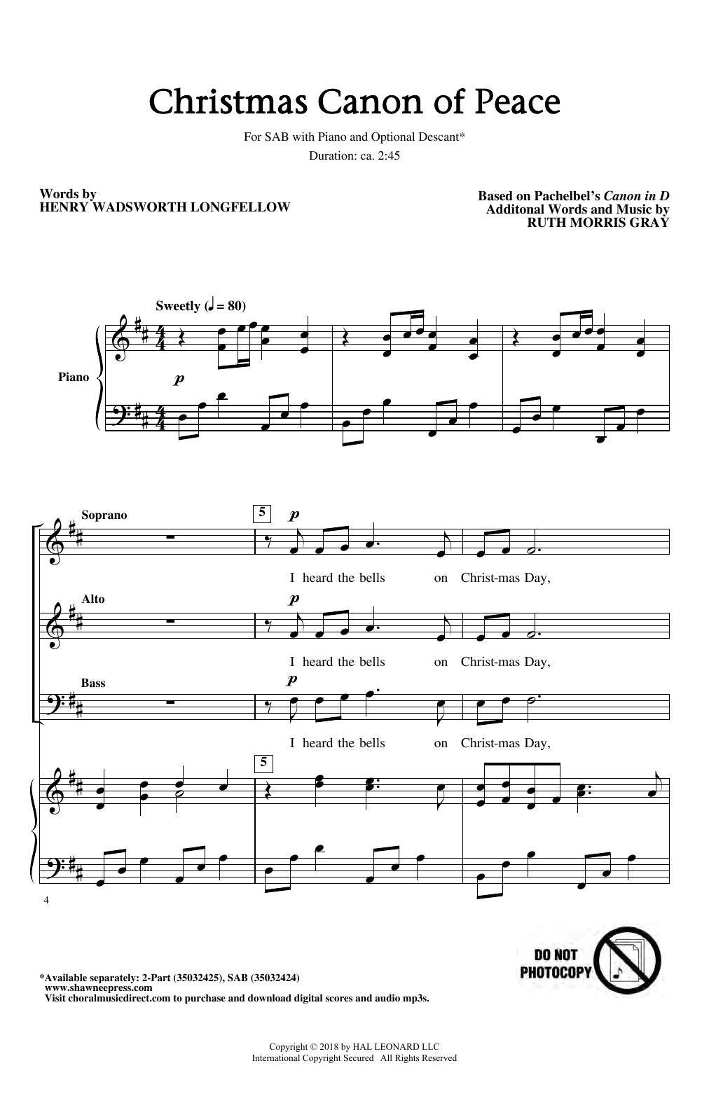 Johann Pachelbel Christmas Canon Of Peace (arr. Ruth Morris Gray) sheet music notes and chords. Download Printable PDF.