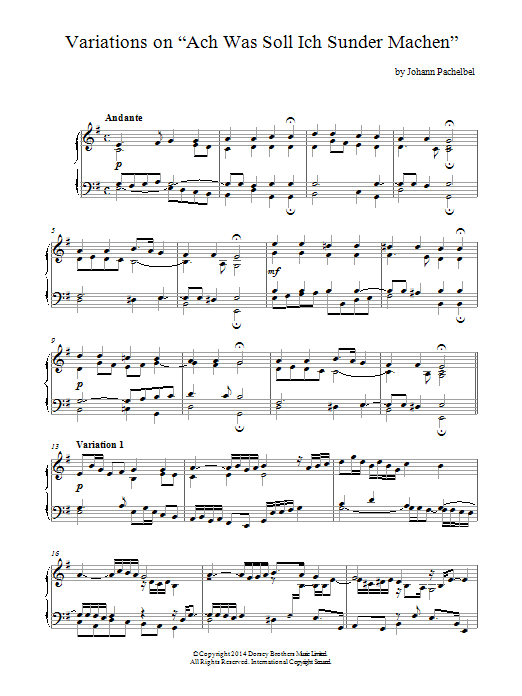 Learn to play Johann Pachelbel Variations On 'Ach, Was Soll Ich Sünder Machen' sheet music for Piano Solo in minutes. Price: 7.8900$ Johann Pachelbel Variations On 'Ach, Was Soll Ich Sünder Machen' sheet music notes and chords arranged for Piano Solo