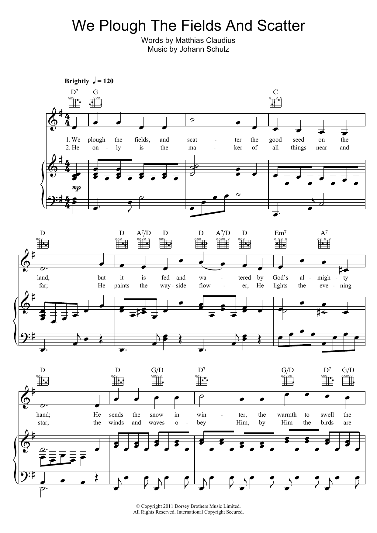 Johann Schulz We Plough The Fields And Scatter sheet music notes and chords. Download Printable PDF.