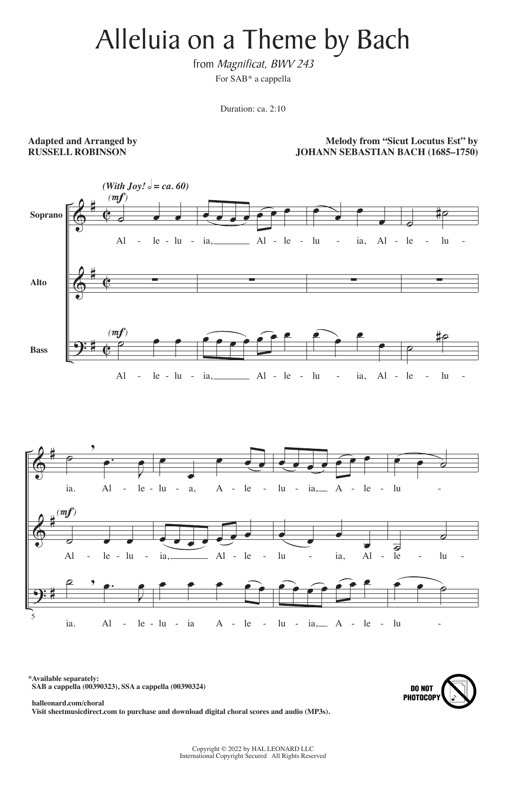 Johann Sebastian Bach Alleluia On A Theme By Bach (from Magnificat, BWV 243) (arr. Russell Robinson) sheet music notes and chords. Download Printable PDF.