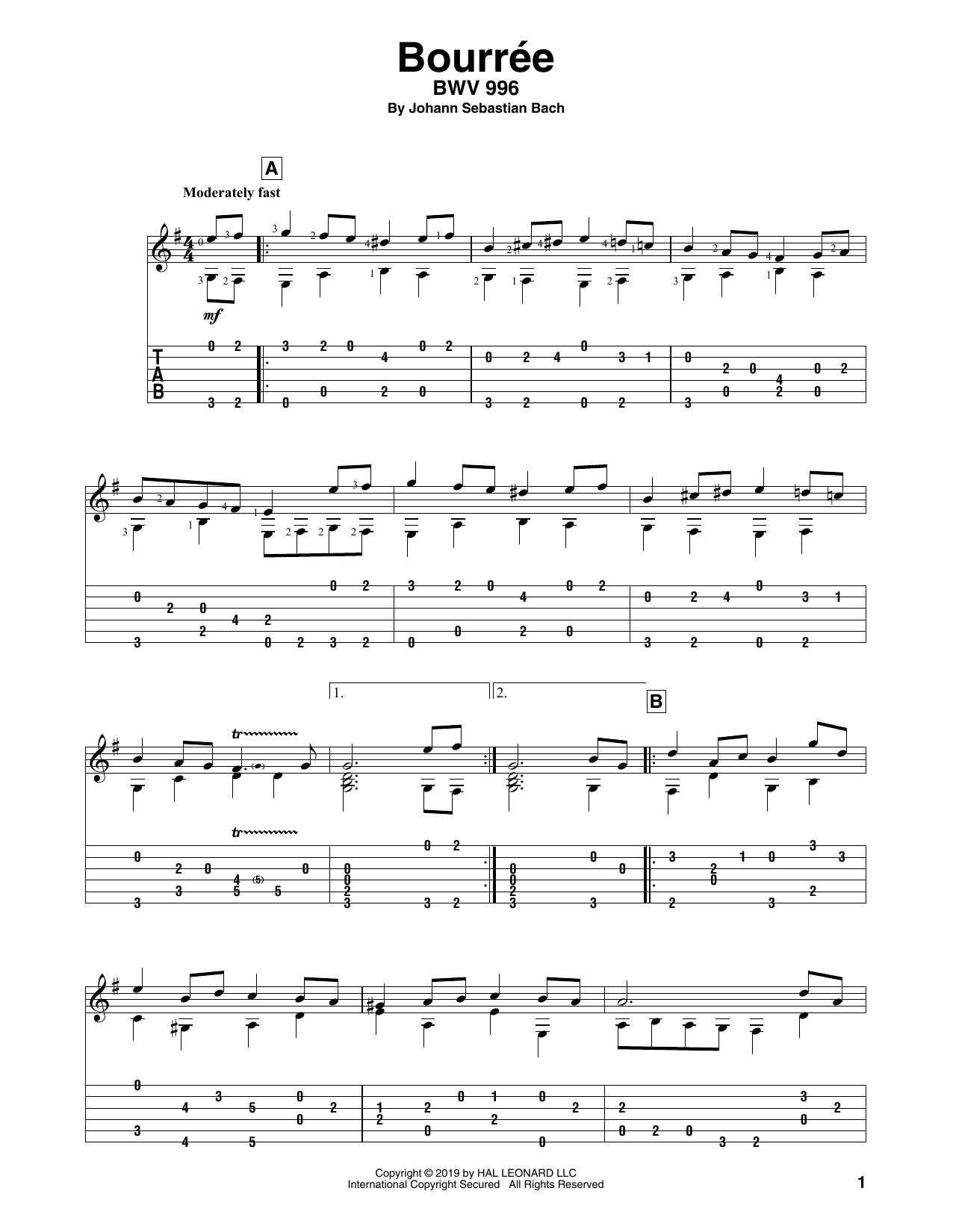 Johann Sebastian Bach Bouree (arr. Bill LaFleur) sheet music notes and chords. Download Printable PDF.