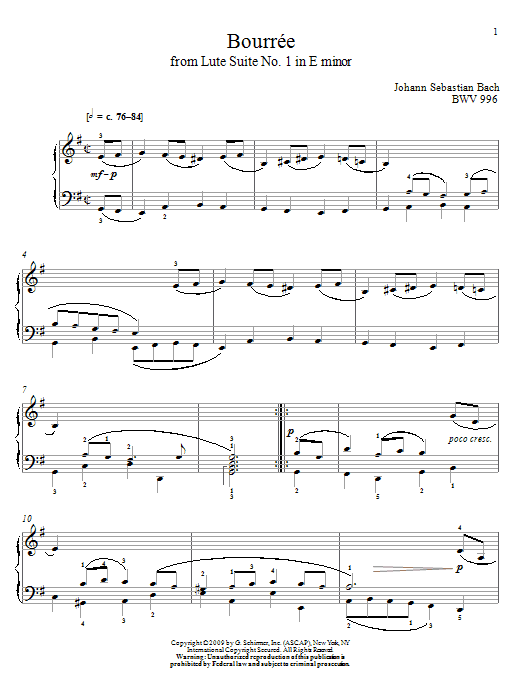 Johann Sebastian Bach Bouree, BWV 996 sheet music notes and chords. Download Printable PDF.