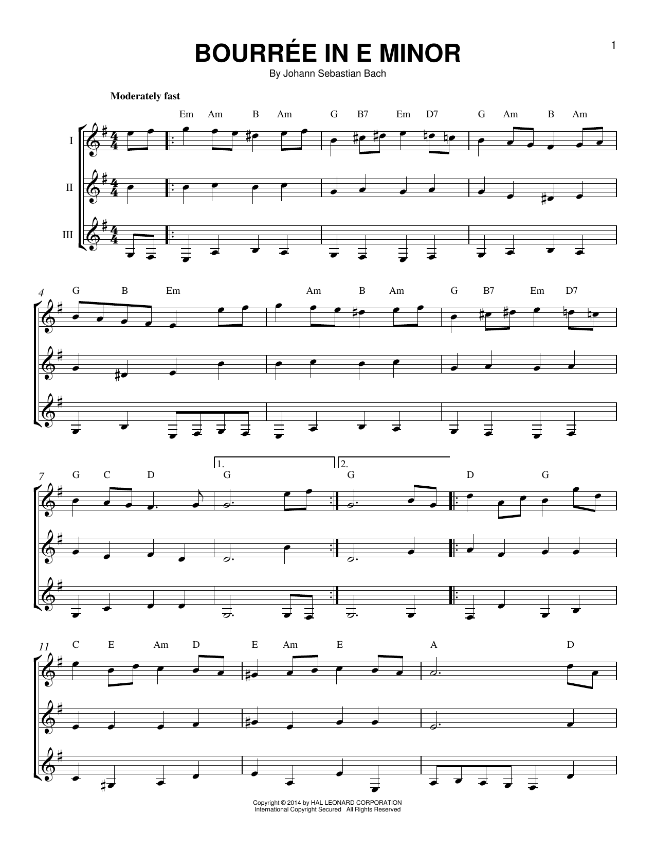 Johann Sebastian Bach Bourree In E Minor sheet music notes and chords. Download Printable PDF.