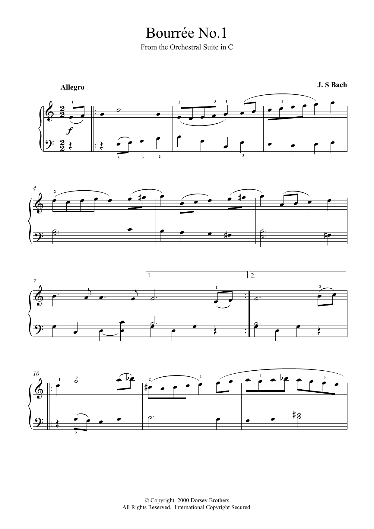 Johann Sebastian Bach Bourrée No.1 sheet music notes and chords arranged for Piano Solo