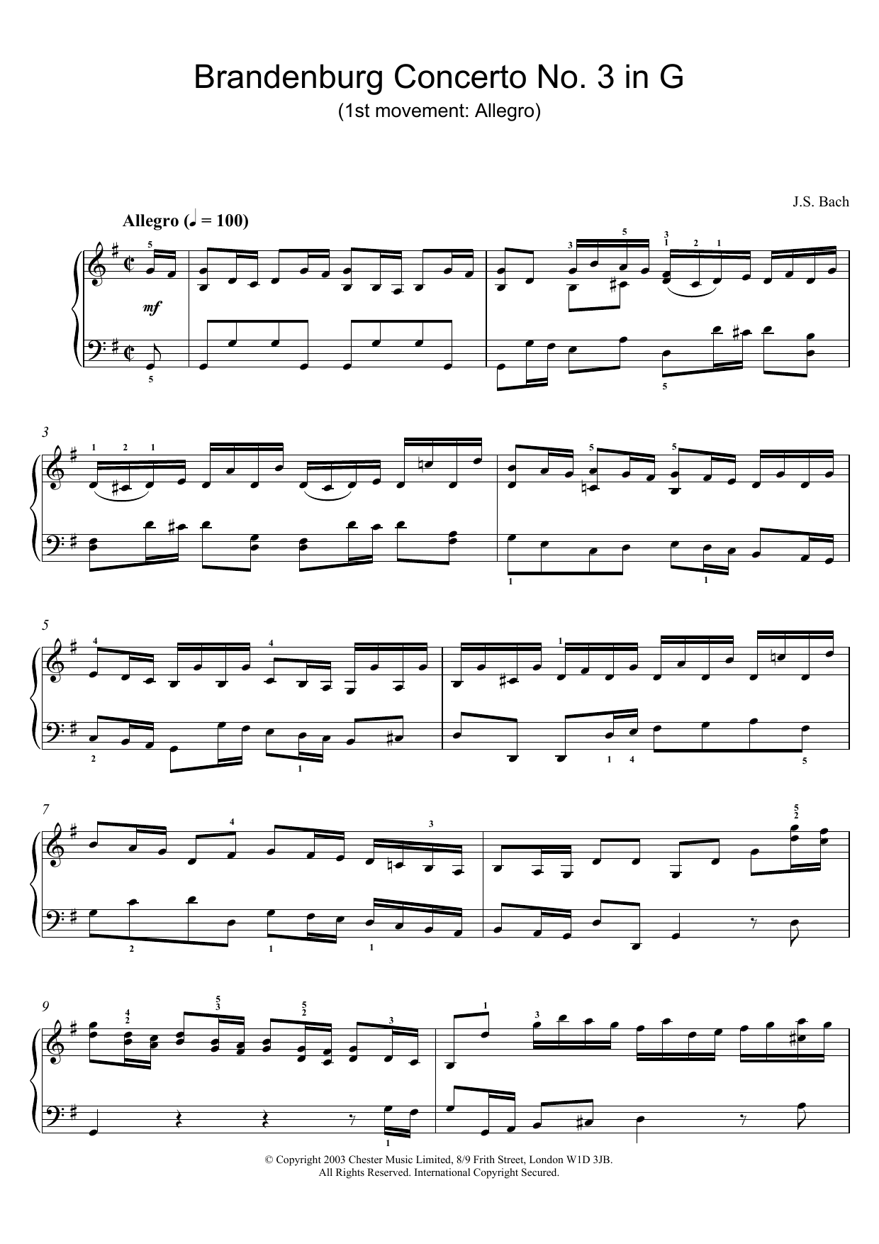 Johann Sebastian Bach Brandenburg Concerto No. 3 in G (1st movement: Allegro) sheet music notes and chords. Download Printable PDF.