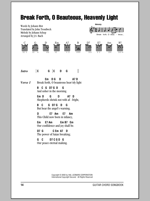 Johann Sebastian Bach Break Forth, O Beauteous, Heavenly Light sheet music notes and chords. Download Printable PDF.