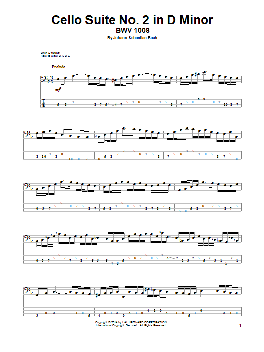 Johann Sebastian Bach Cello Suite No. 2 In D Minor, BWV 1008 sheet music notes and chords arranged for Bass Guitar Tab