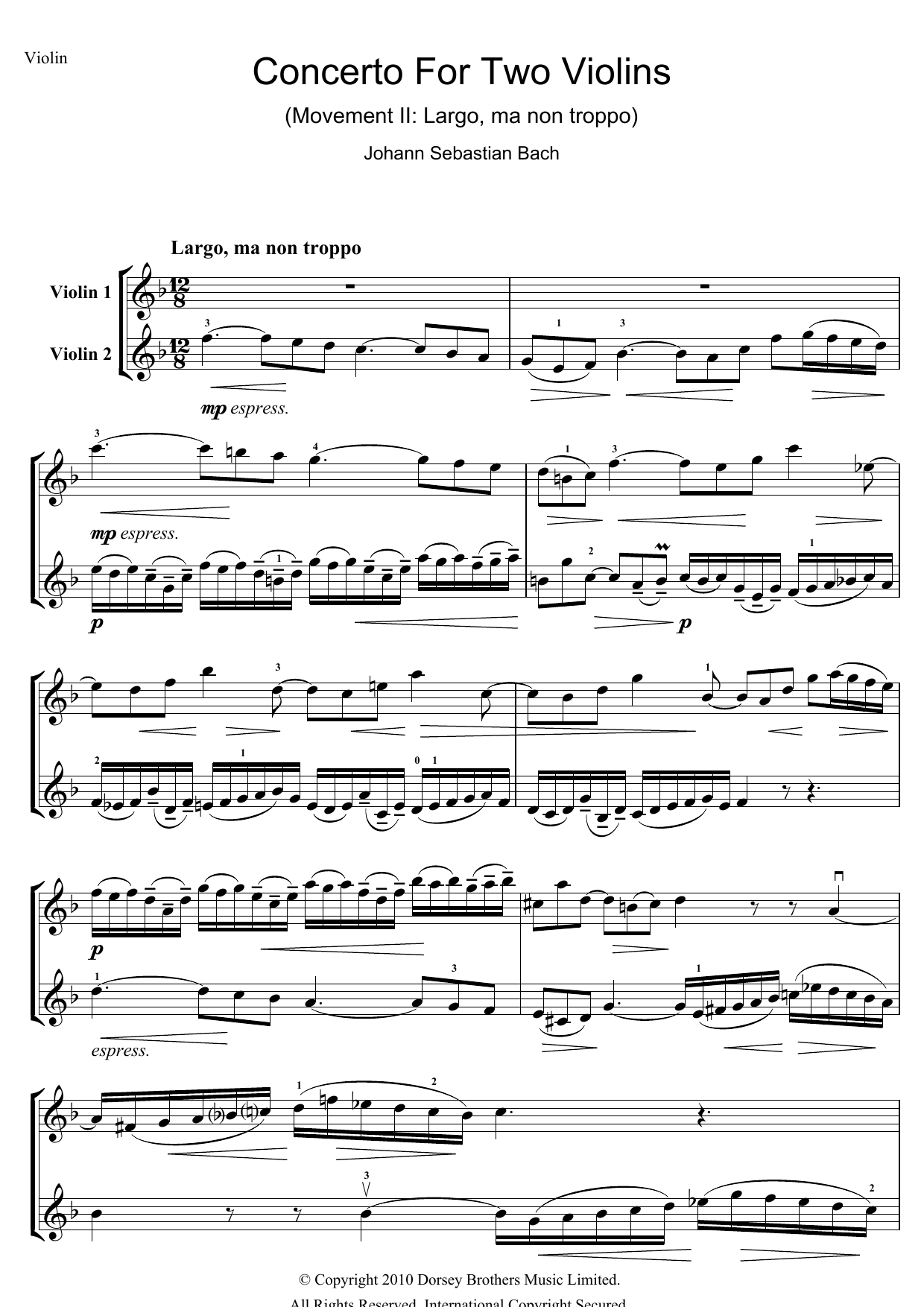 Johann Sebastian Bach Concerto for Two Violins (2nd Movement: Largo ma non Troppo) sheet music notes and chords. Download Printable PDF.