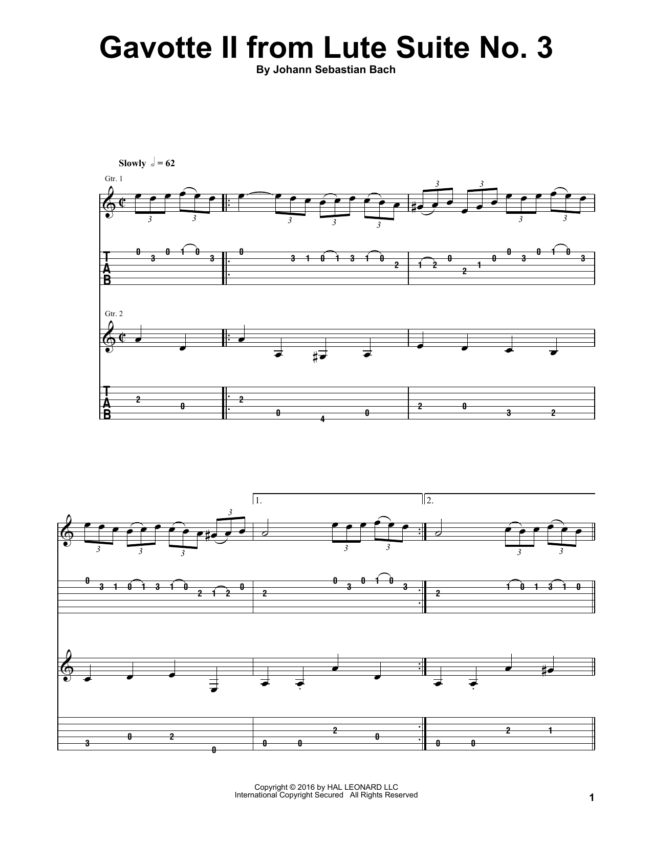 J.S. Bach Gavotte II from Lute Suite No. 3, BWV 995 sheet music notes and chords arranged for Guitar Tab