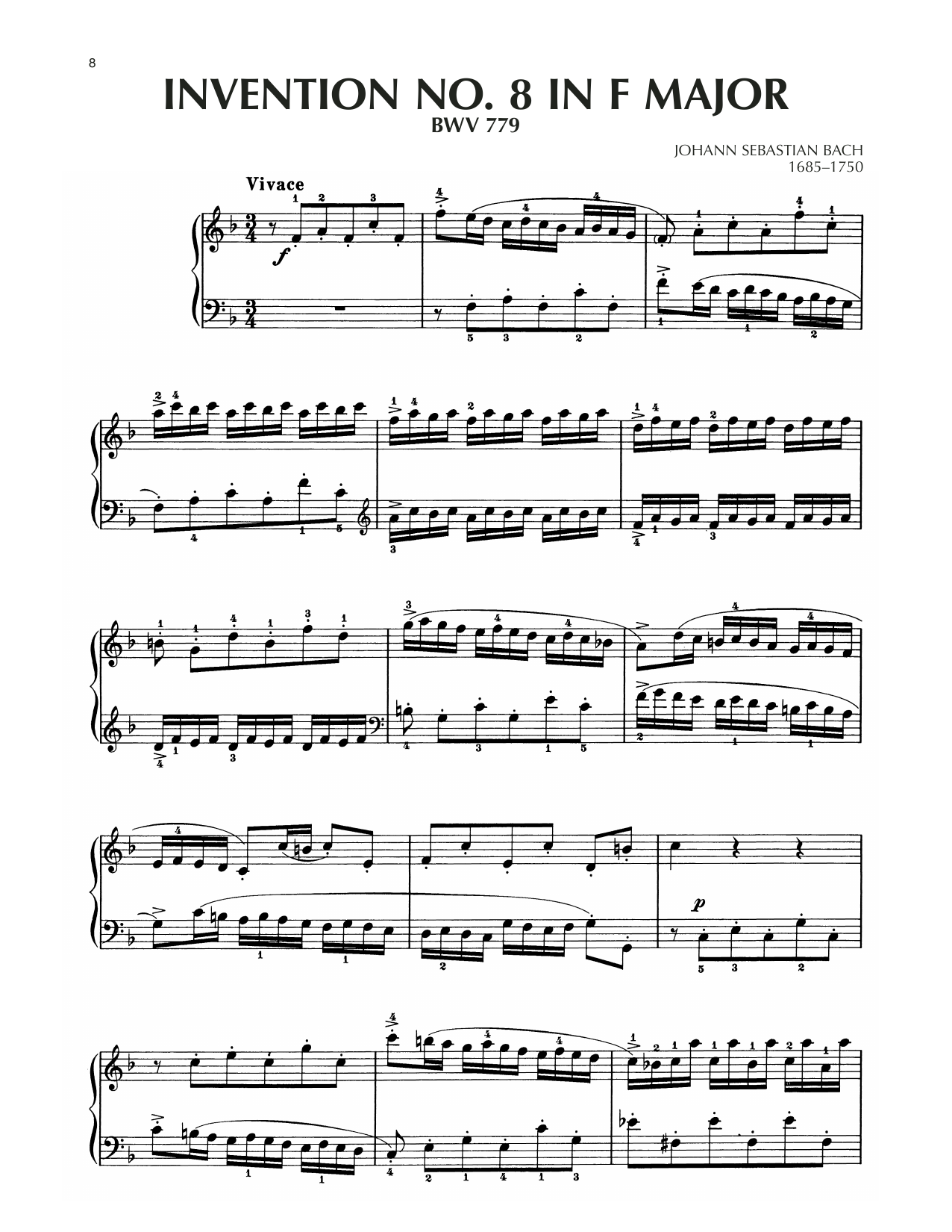 Johann Sebastian Bach Invention No. 8 In F Major, BWV 779 sheet music notes and chords. Download Printable PDF.