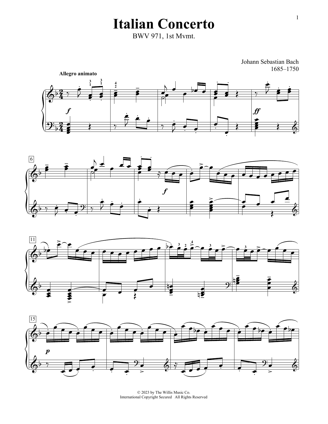 Johann Sebastian Bach Italian Concerto In F Major, BWV 971 sheet music notes and chords. Download Printable PDF.