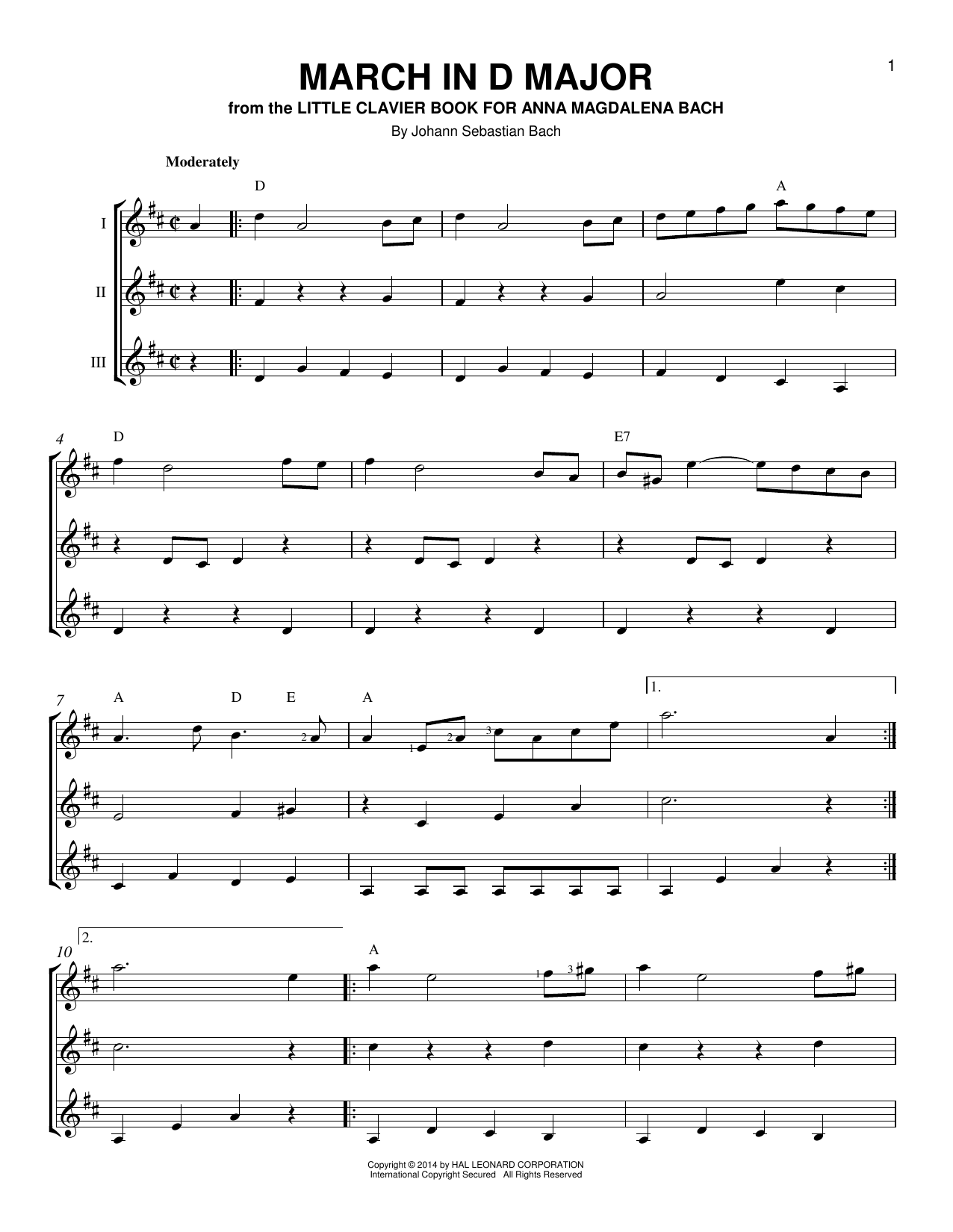 Carl Philipp Emanuel Bach March In D Major, BWV App. 122 sheet music notes and chords arranged for Piano Solo