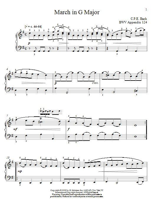 Johann Sebastian Bach March In G Major, BWV App. 124 sheet music notes and chords arranged for Piano Solo