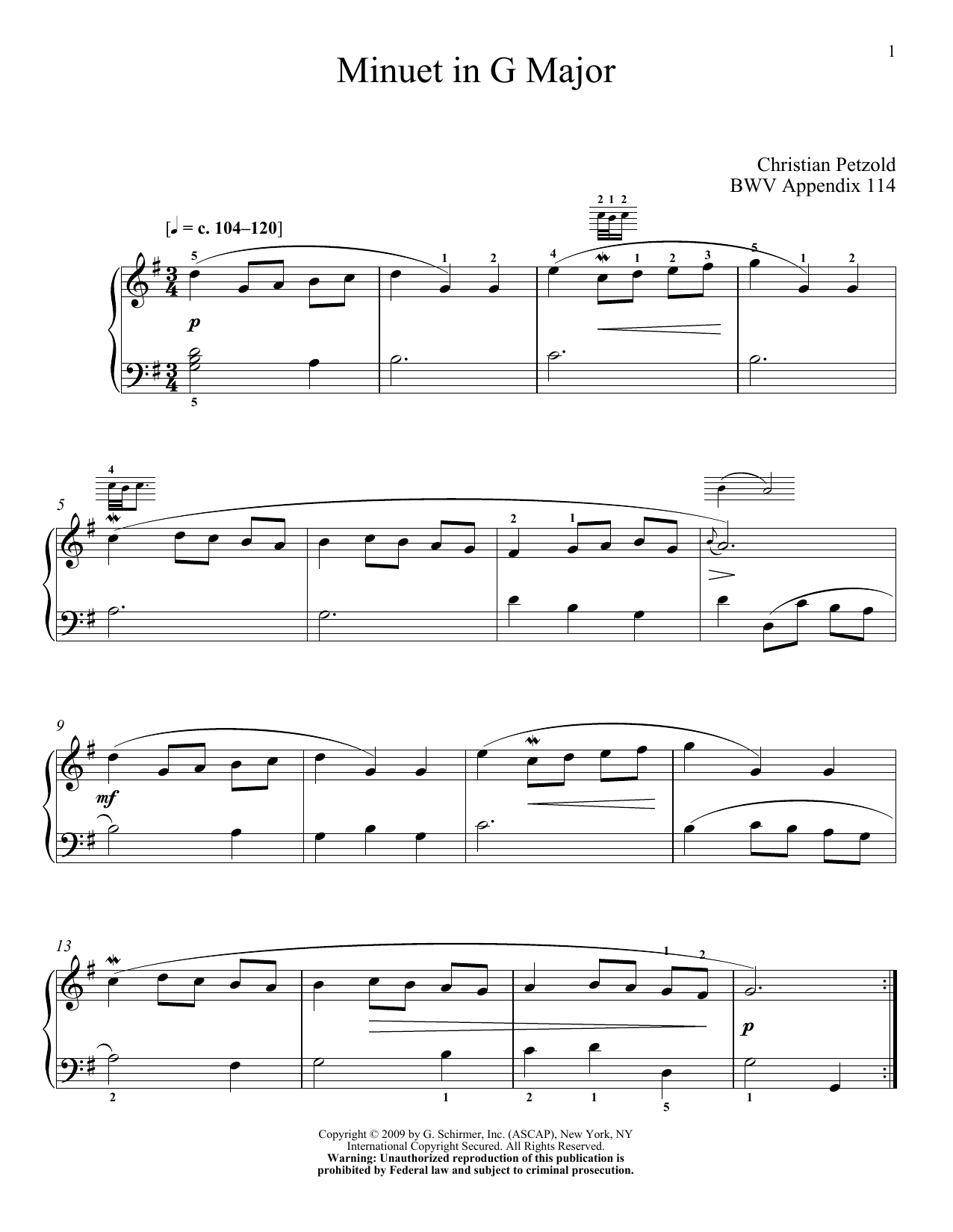 J.S. Bach Menuet In G Major, BWV App. 114 sheet music notes and chords. Download Printable PDF.