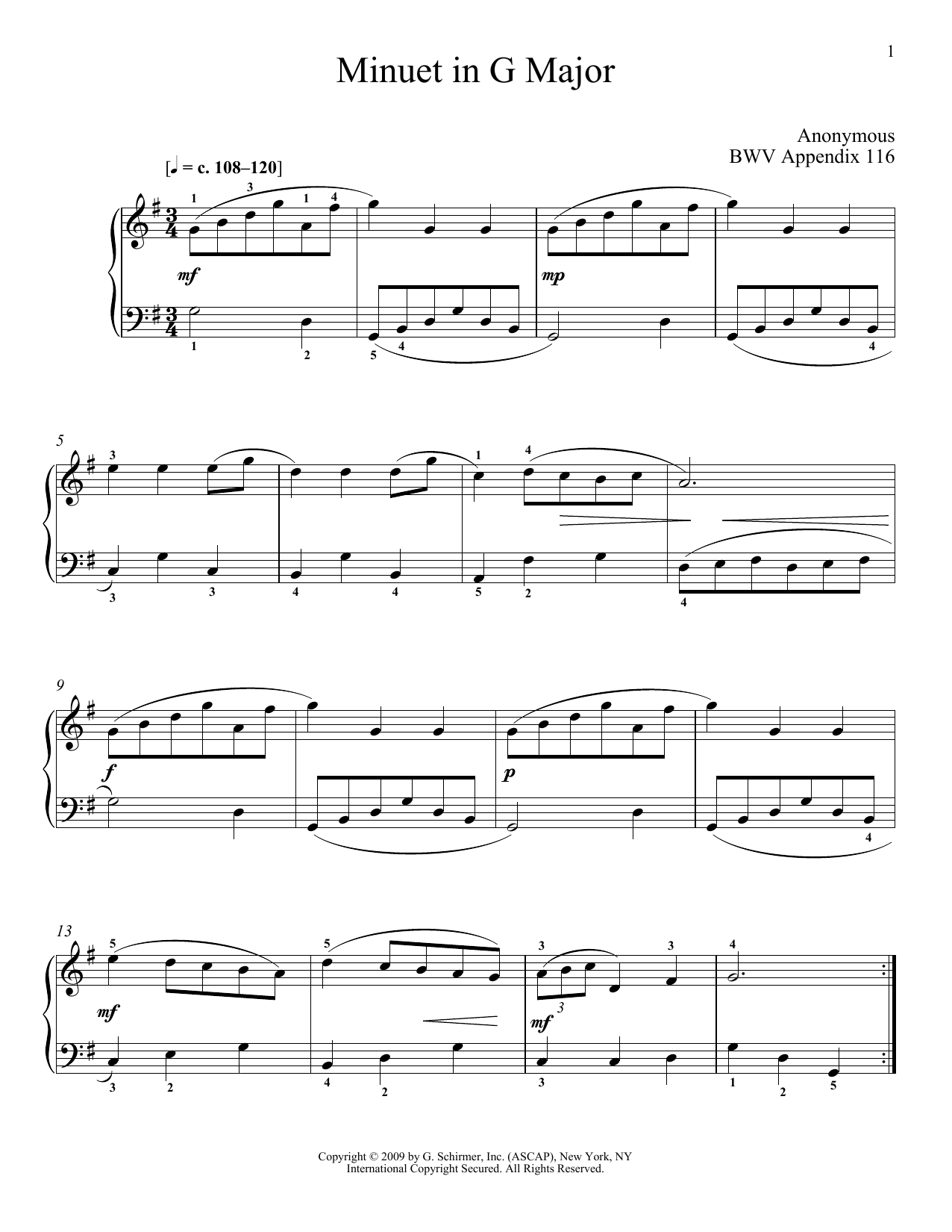 J.S. Bach Menuet In G Major, BWV App. 116 sheet music notes and chords arranged for Piano Solo