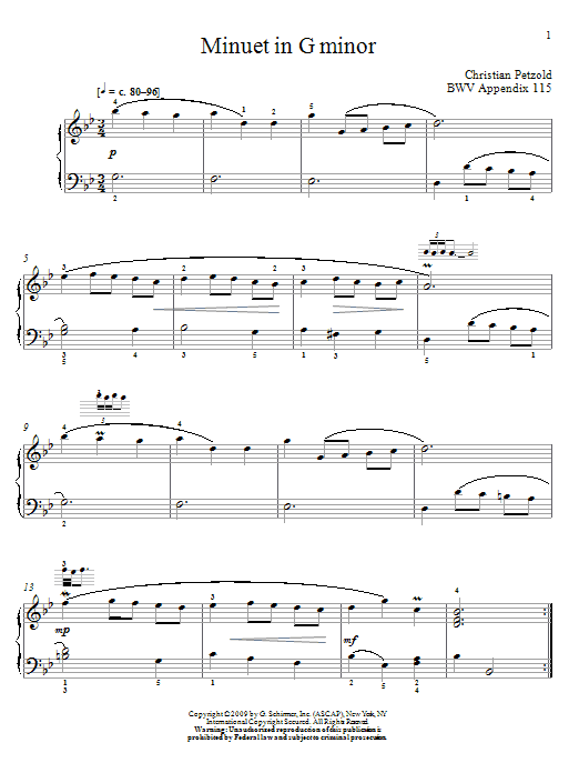 Johann Sebastian Bach Menuet In G Minor, BWV App. 115 sheet music notes and chords arranged for Piano Solo