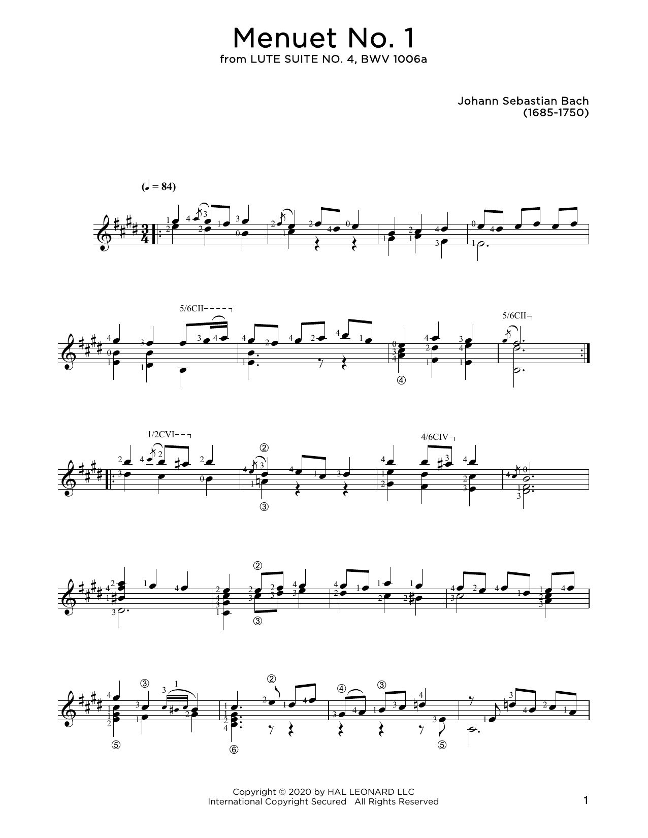 Johann Sebastian Bach Menuet No. 1 sheet music notes and chords. Download Printable PDF.