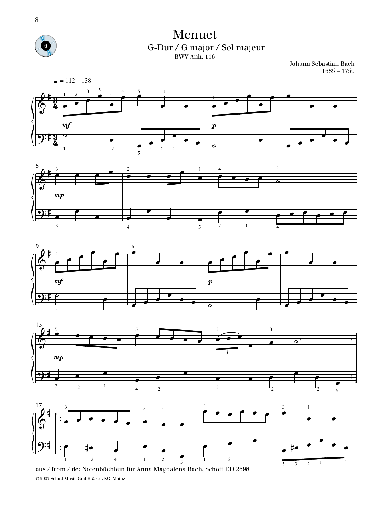 Johann Sebastian Bach Minuet G major sheet music notes and chords. Download Printable PDF.