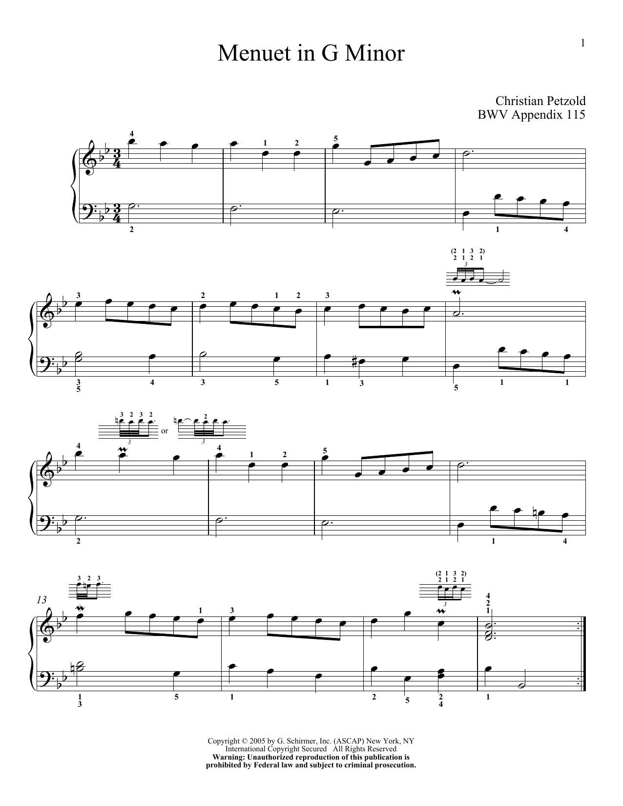 Johann Sebastian Bach Minuet In G Minor sheet music notes and chords. Download Printable PDF.