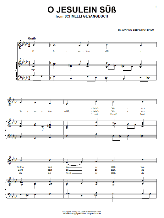 Learn to play Johann Sebastian Bach O Jesulein Suss sheet music for Piano, Vocal & Guitar Chords (Right-Hand Melody) in minutes. Price: 7.8900$ Johann Sebastian Bach O Jesulein Suss sheet music notes and chords arranged for Piano, Vocal & Guitar Chords (Right-Hand Melody)