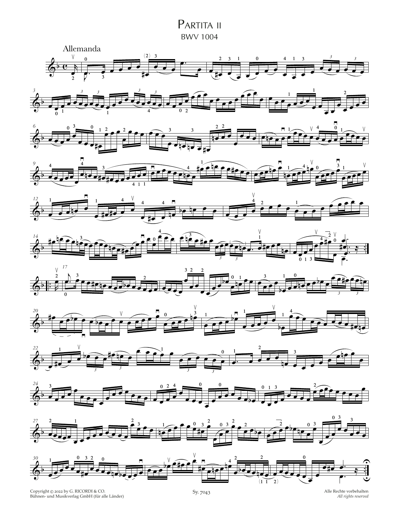 Johann Sebastian Bach Partita II, BWV 1004 sheet music notes and chords. Download Printable PDF.