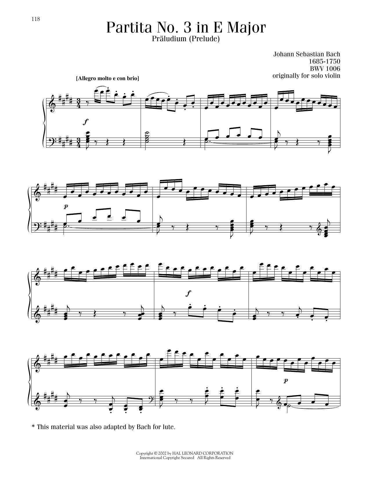 Johann Sebastian Bach Partita No. 3 In E Major, BWV 1006 sheet music notes and chords. Download Printable PDF.