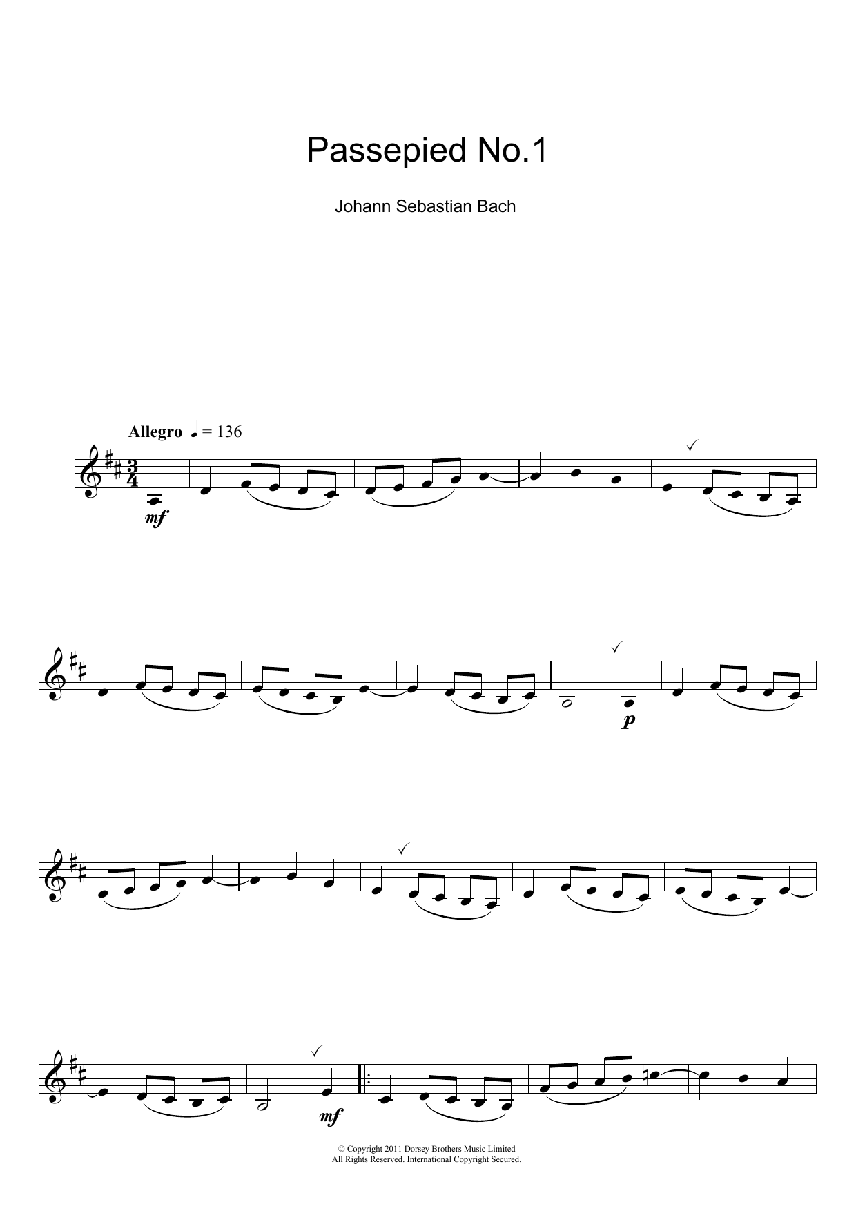 Johann Sebastian Bach Passepied No.1 sheet music notes and chords. Download Printable PDF.