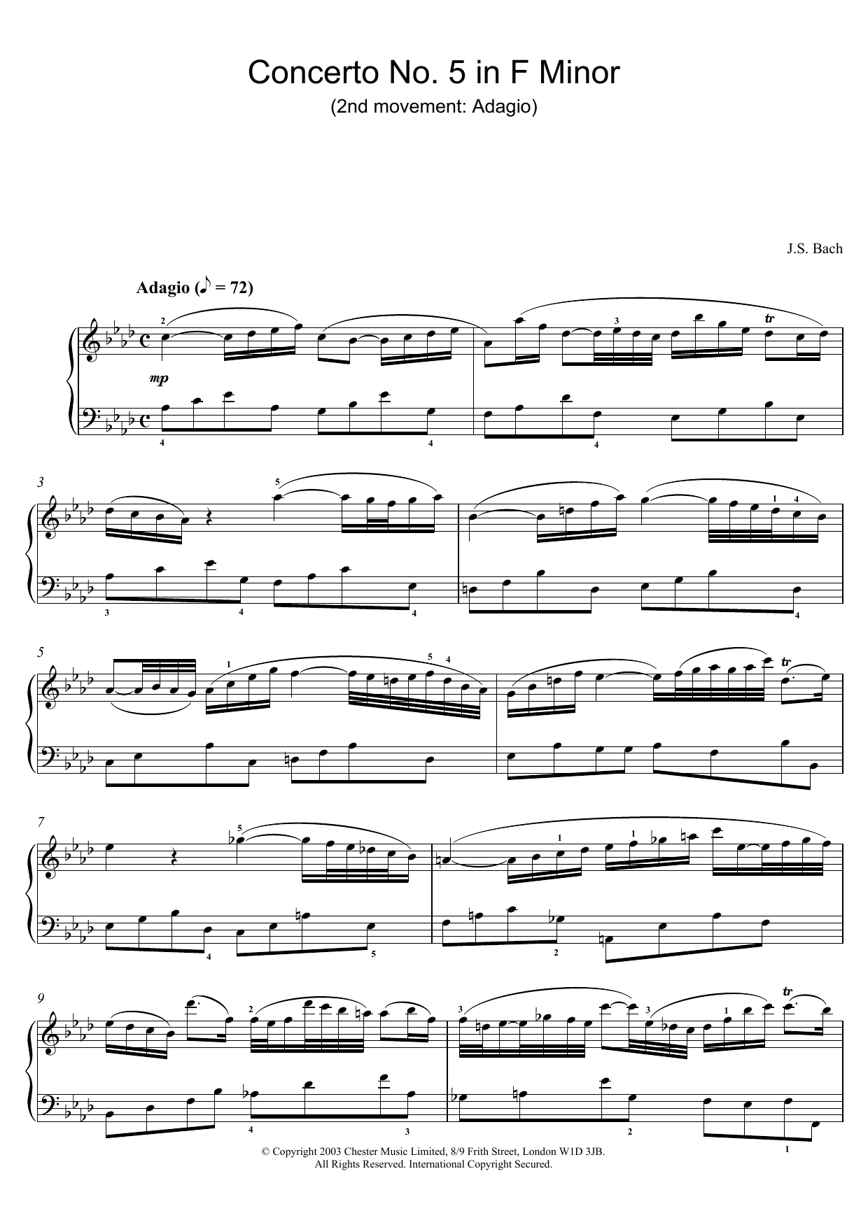 Johann Sebastian Bach Piano Concerto No. 5 in F Minor (2nd movement: Adagio) sheet music notes and chords. Download Printable PDF.