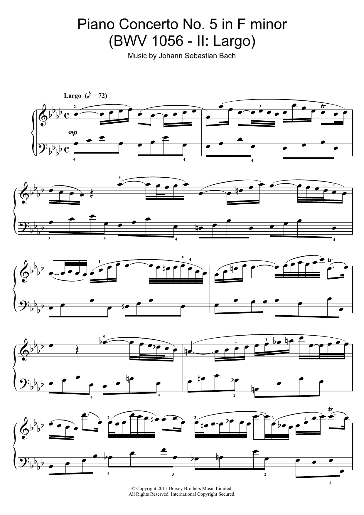 Johann Sebastian Bach Piano Concerto No. 5 in F minor (BWV 1056 - II: Largo) sheet music notes and chords. Download Printable PDF.