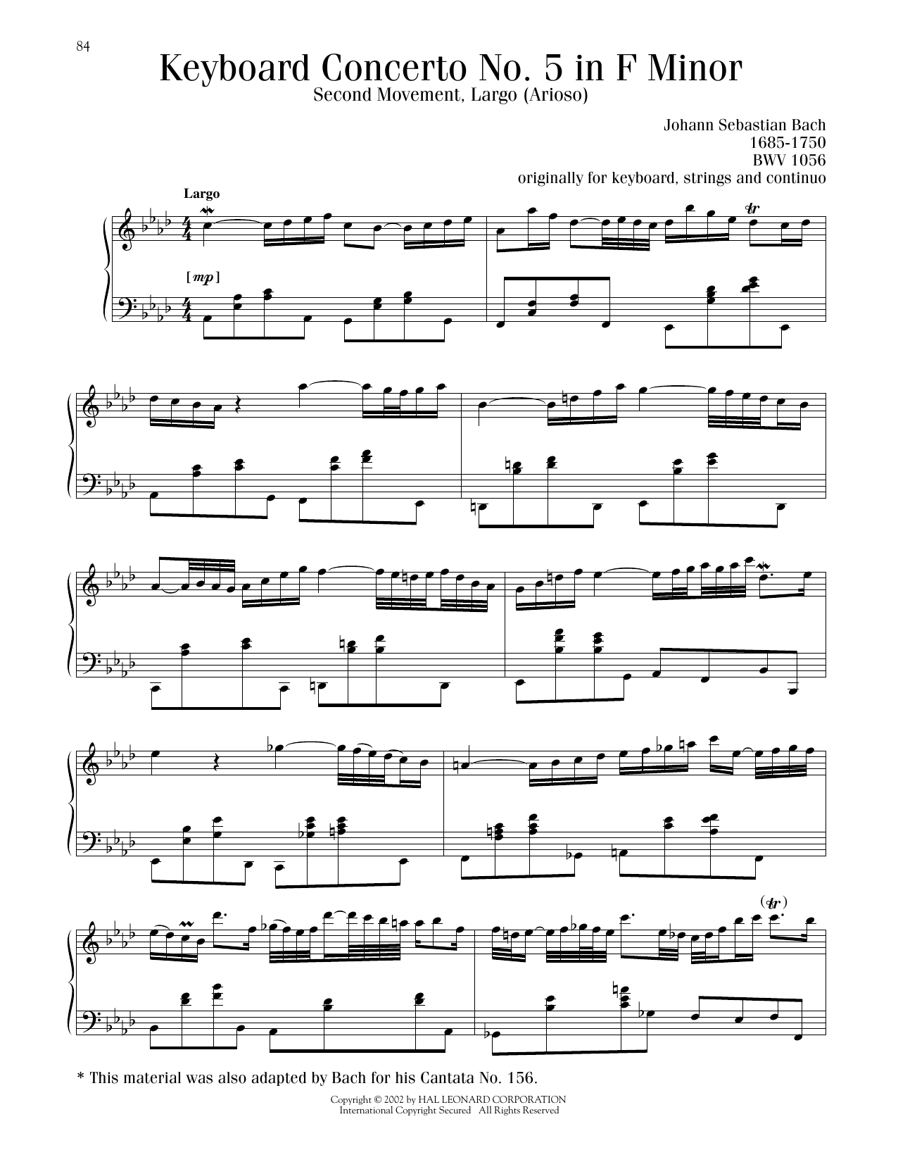 Johann Sebastian Bach Piano Concerto No.5 In F Minor (BWV 1056-II: Largo) sheet music notes and chords. Download Printable PDF.