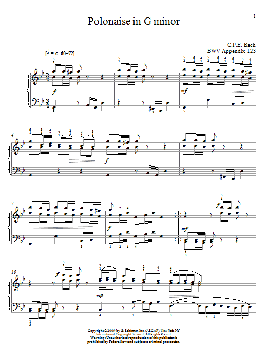 Johann Sebastian Bach Polonaise In G Minor, BWV App. 124 sheet music notes and chords arranged for Piano Solo