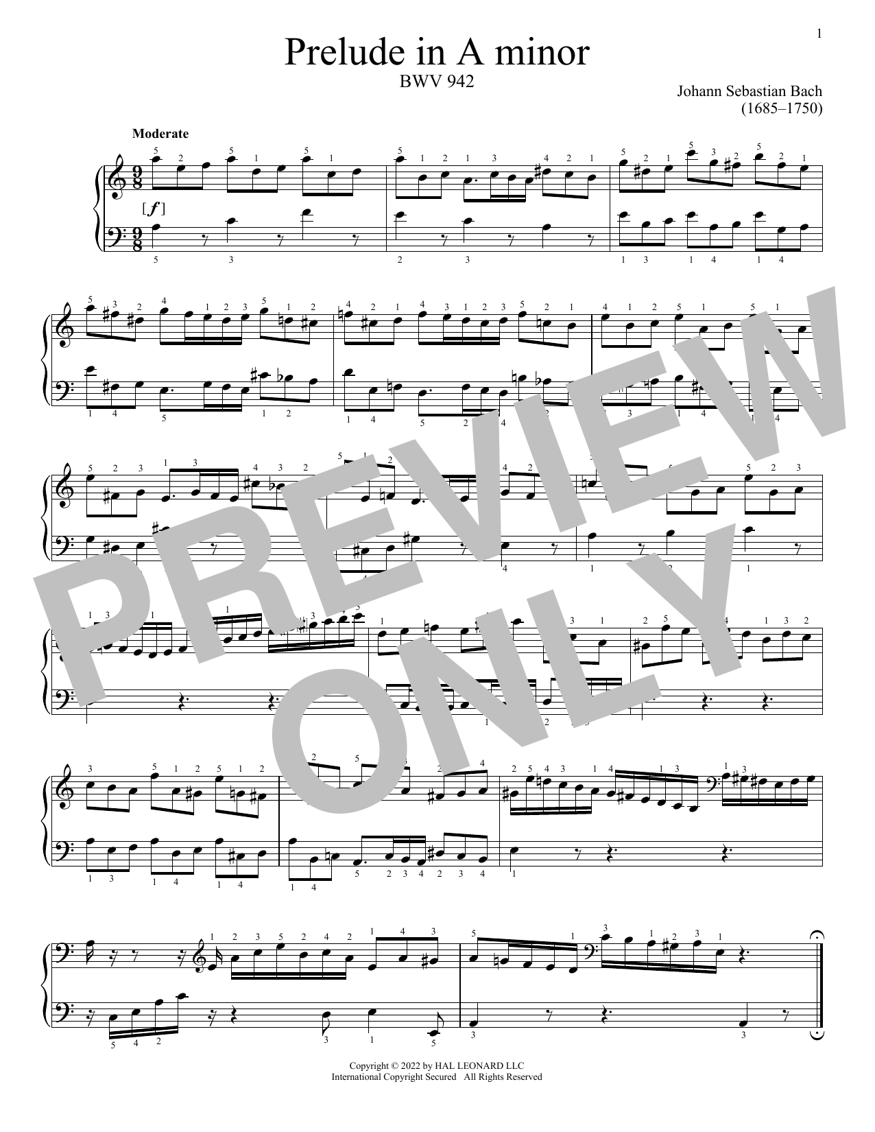 Johann Sebastian Bach Prelude In A Minor, BWV 942 sheet music notes and chords. Download Printable PDF.