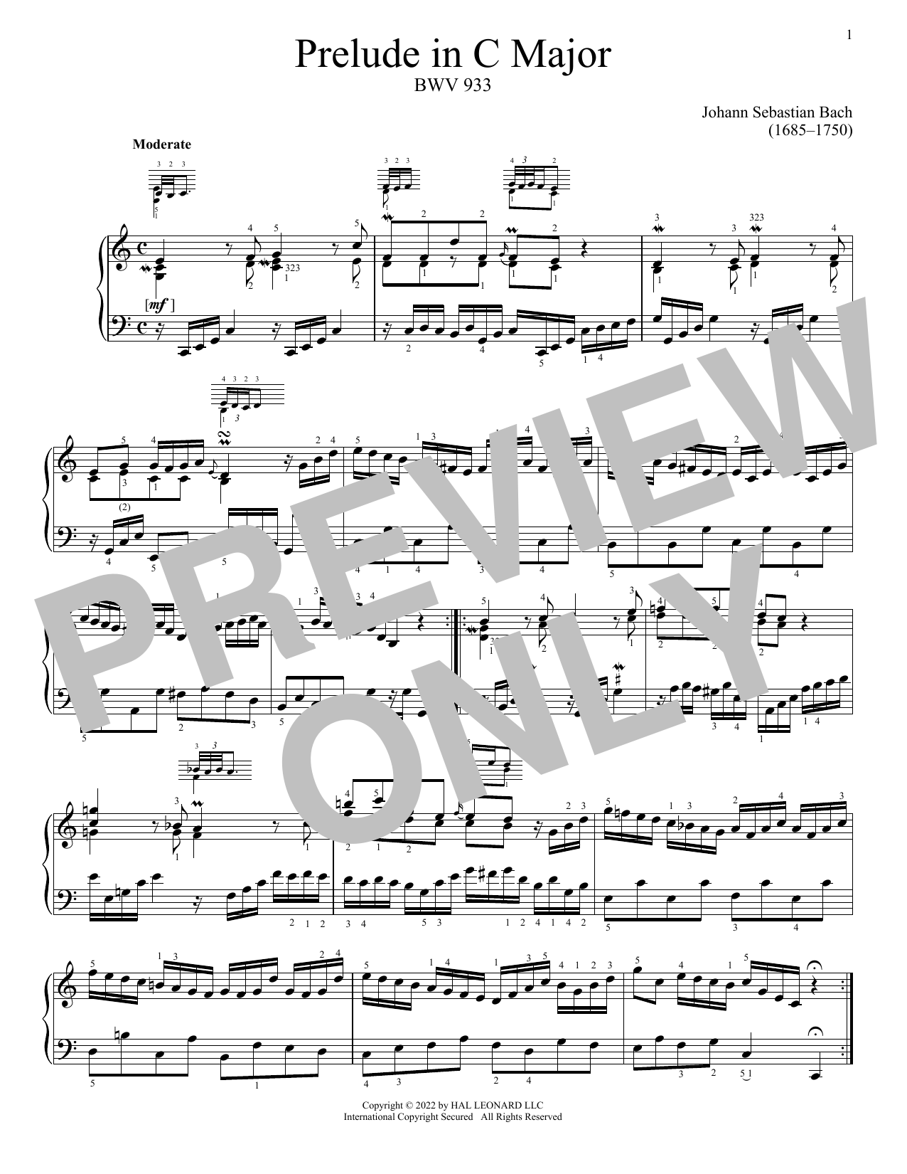 Johann Sebastian Bach Prelude In C Major, BWV 933 sheet music notes and chords. Download Printable PDF.