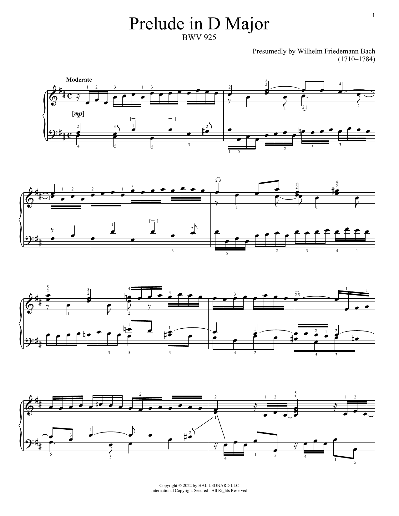 Johann Sebastian Bach Prelude In D Major, BWV 925 sheet music notes and chords. Download Printable PDF.