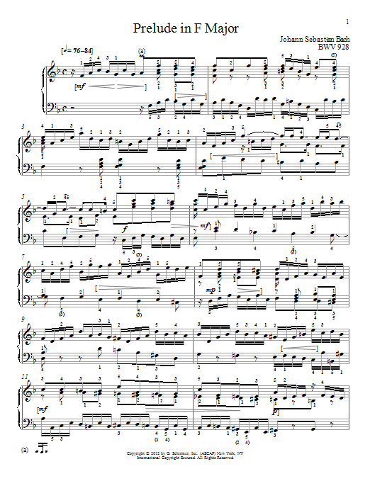 Johann Sebastian Bach Prelude In F Major, BMV 928 sheet music notes and chords arranged for Piano Solo