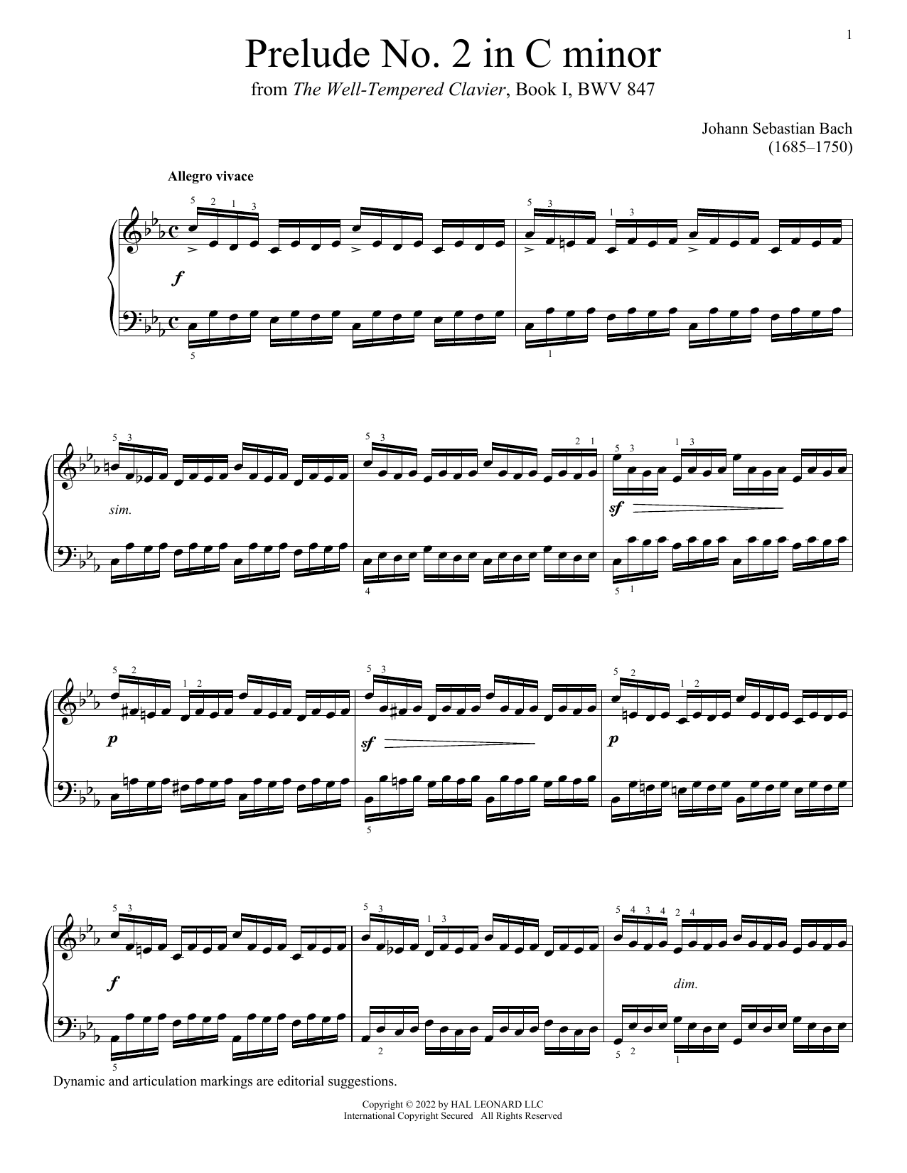 Johann Sebastian Bach Prelude No. 2 In C Minor, BWV 847 sheet music notes and chords. Download Printable PDF.