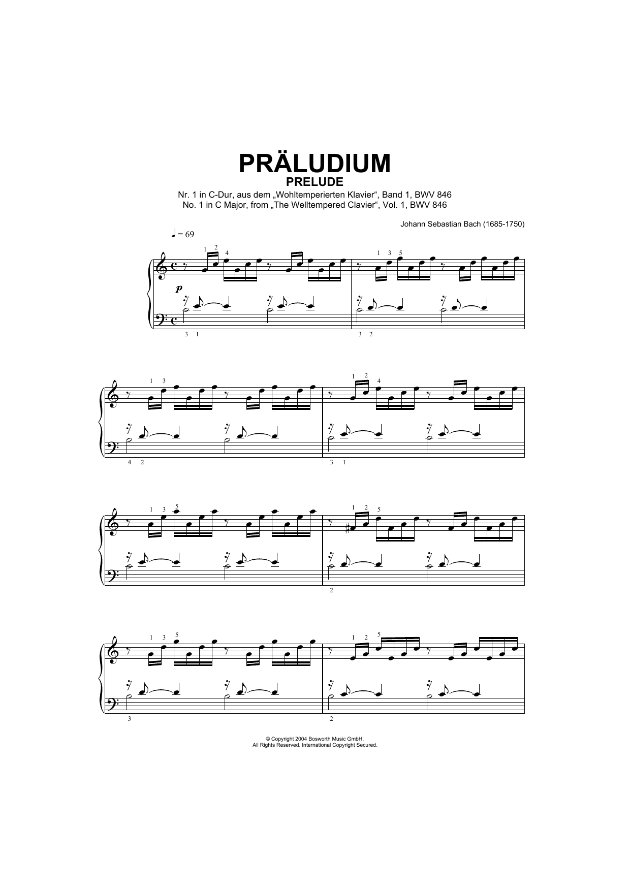 Johann Sebastian Bach Prelude No.1 in C Major (from The Well-Tempered Clavier, Bk.1) sheet music notes and chords arranged for Beginner Piano (Abridged)