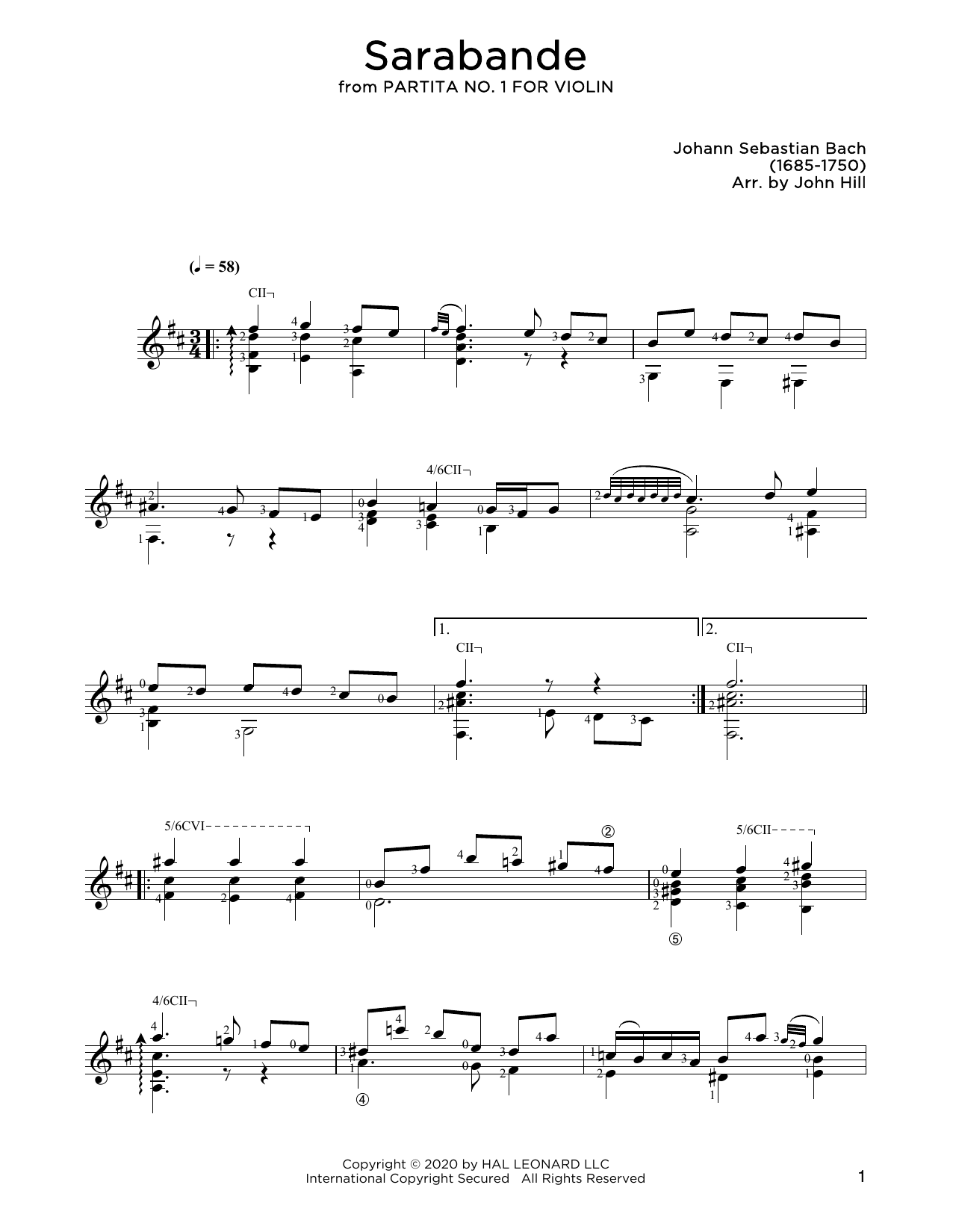 Johann Sebastian Bach Sarabande sheet music notes and chords. Download Printable PDF.