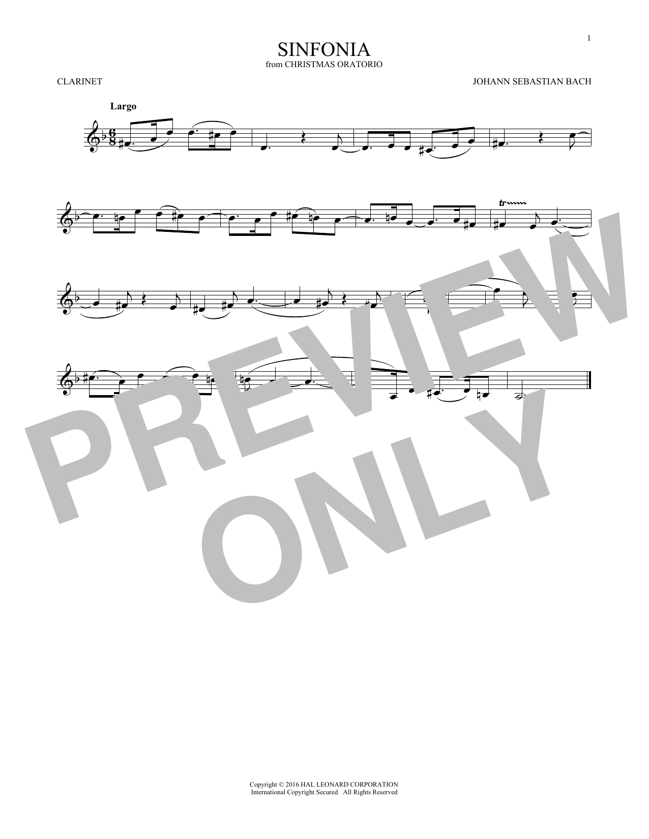 Johann Sebastian Bach Sinfonia sheet music notes and chords arranged for Clarinet Solo