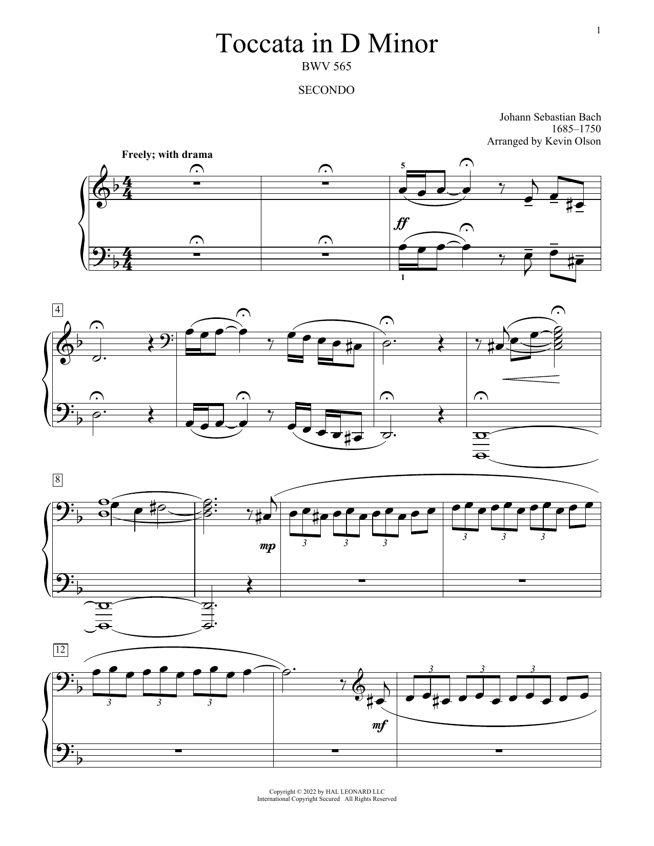 Johann Sebastian Bach Toccata And Fugue In D Minor, BWV 565 (arr. Kevin Olson) sheet music notes and chords. Download Printable PDF.