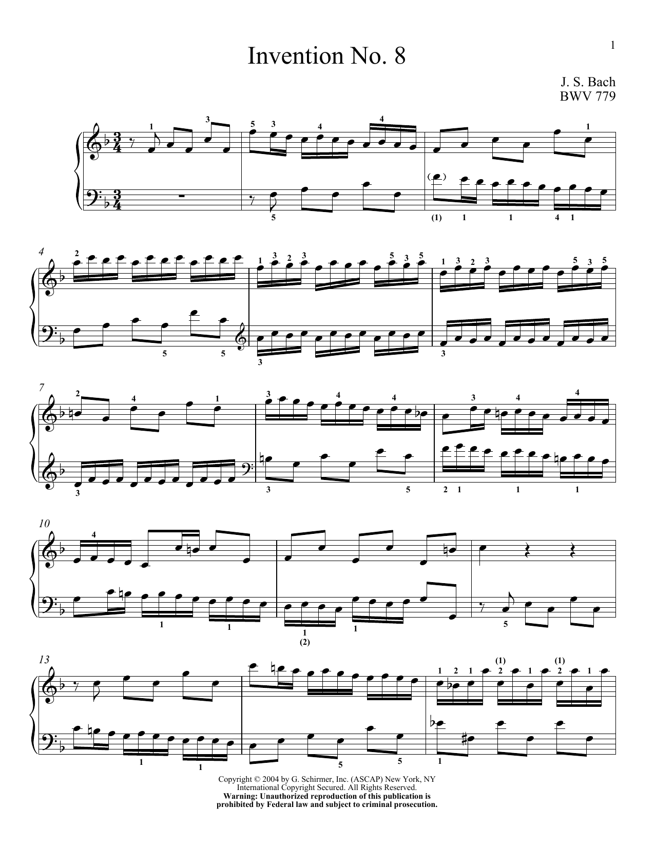 J.S. Bach Two-Part Invention In F Major sheet music notes and chords. Download Printable PDF.