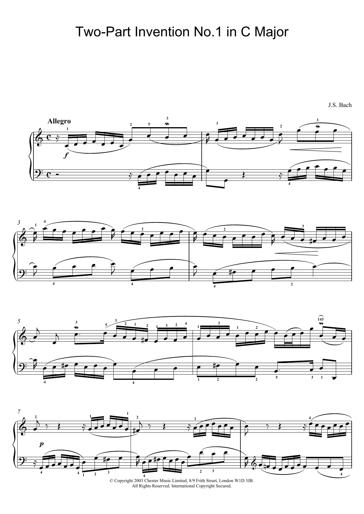 Johann Sebastian Bach Two-Part Invention No. 1 in C Major sheet music notes and chords. Download Printable PDF.