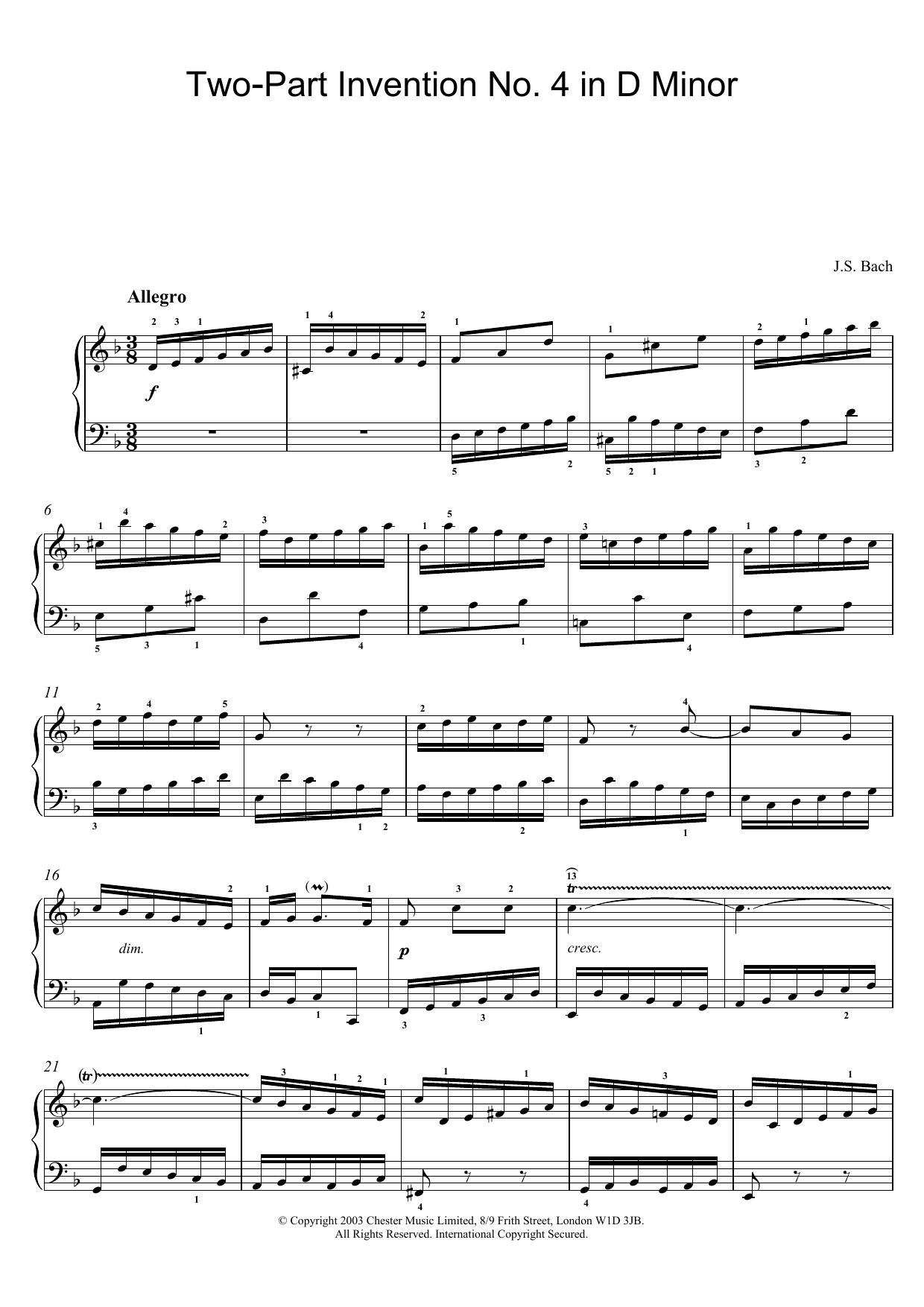 Johann Sebastian Bach Two-Part Invention No. 4 in D Minor sheet music notes and chords. Download Printable PDF.