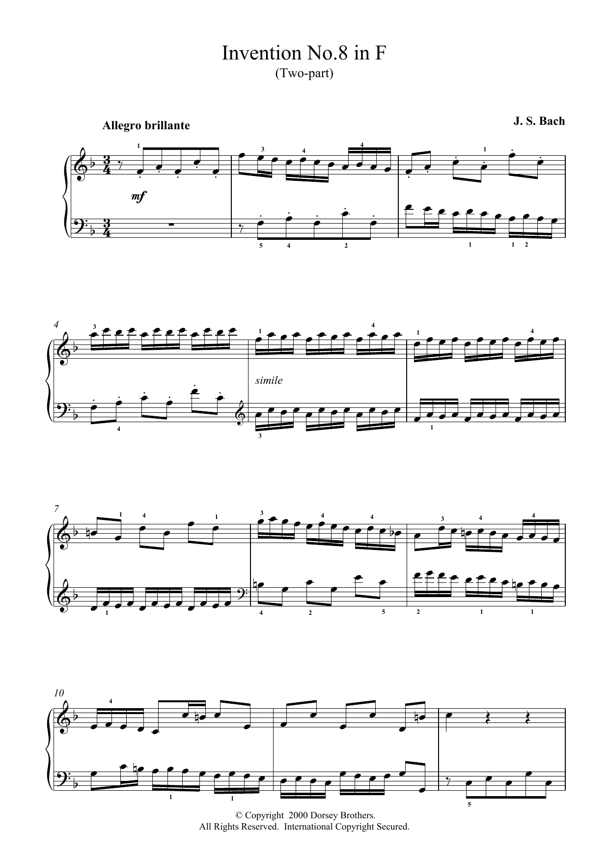 Johann Sebastian Bach Two-Part Invention No. 8 in F Major sheet music notes and chords. Download Printable PDF.