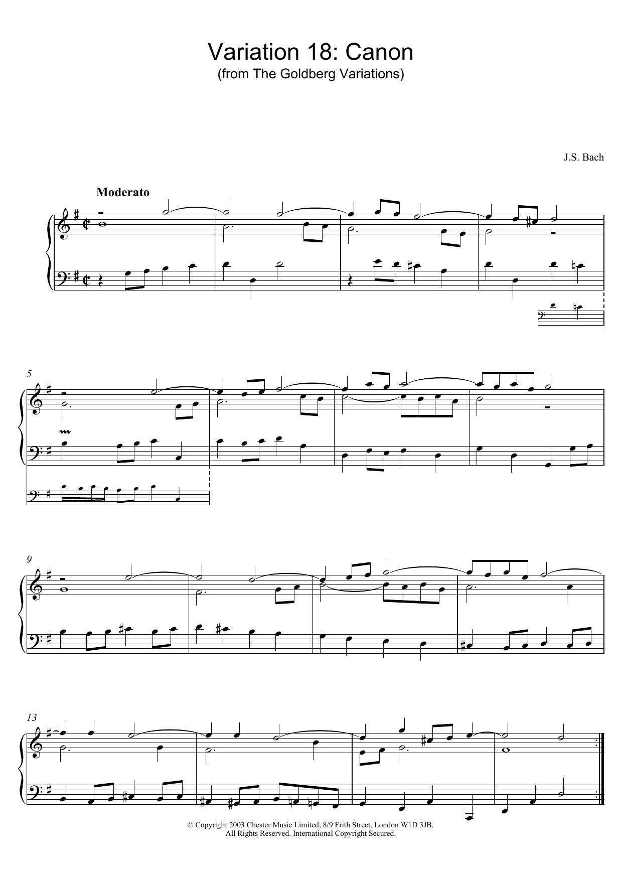 Johann Sebastian Bach Variation 18: Canon (from The Goldberg Variations) sheet music notes and chords. Download Printable PDF.