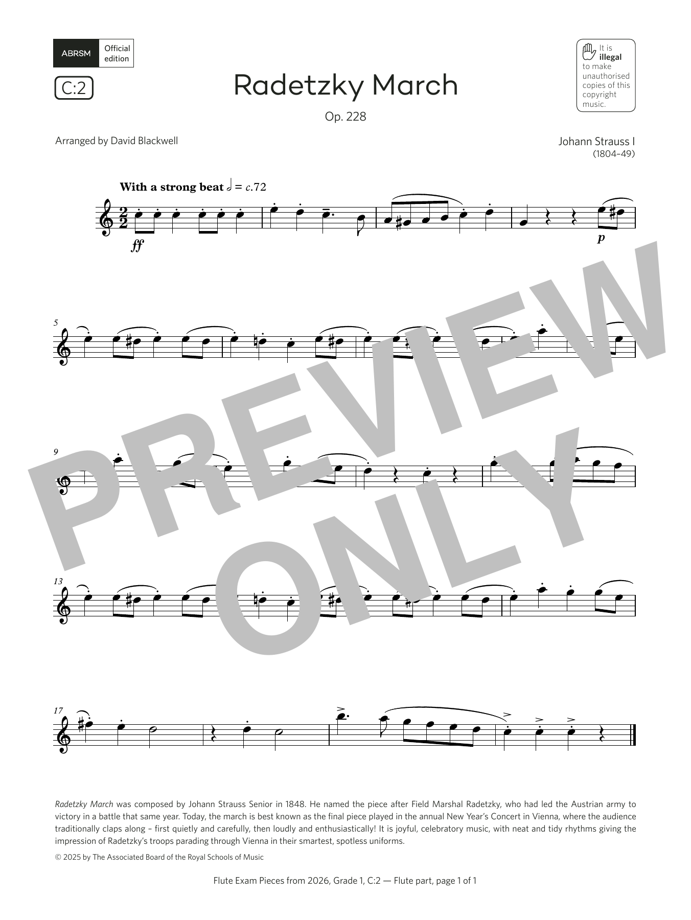 Learn to play Johann Strauss I Radetzky March (Grade 1, list C2, from the ABRSM Flute Syllabus from 2026) sheet music for Flute Solo in minutes. Price: 3.9900$ Johann Strauss I Radetzky March (Grade 1, list C2, from the ABRSM Flute Syllabus from 2026) sheet music notes and chords arranged for Flute Solo