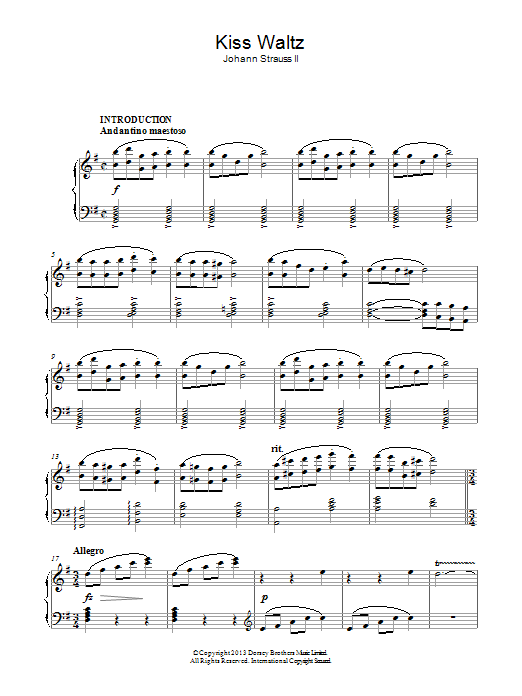 Learn to play Johann Strauss II Kiss Waltz sheet music for Piano Solo in minutes. Price: 7.8900$ Johann Strauss II Kiss Waltz sheet music notes and chords arranged for Piano Solo