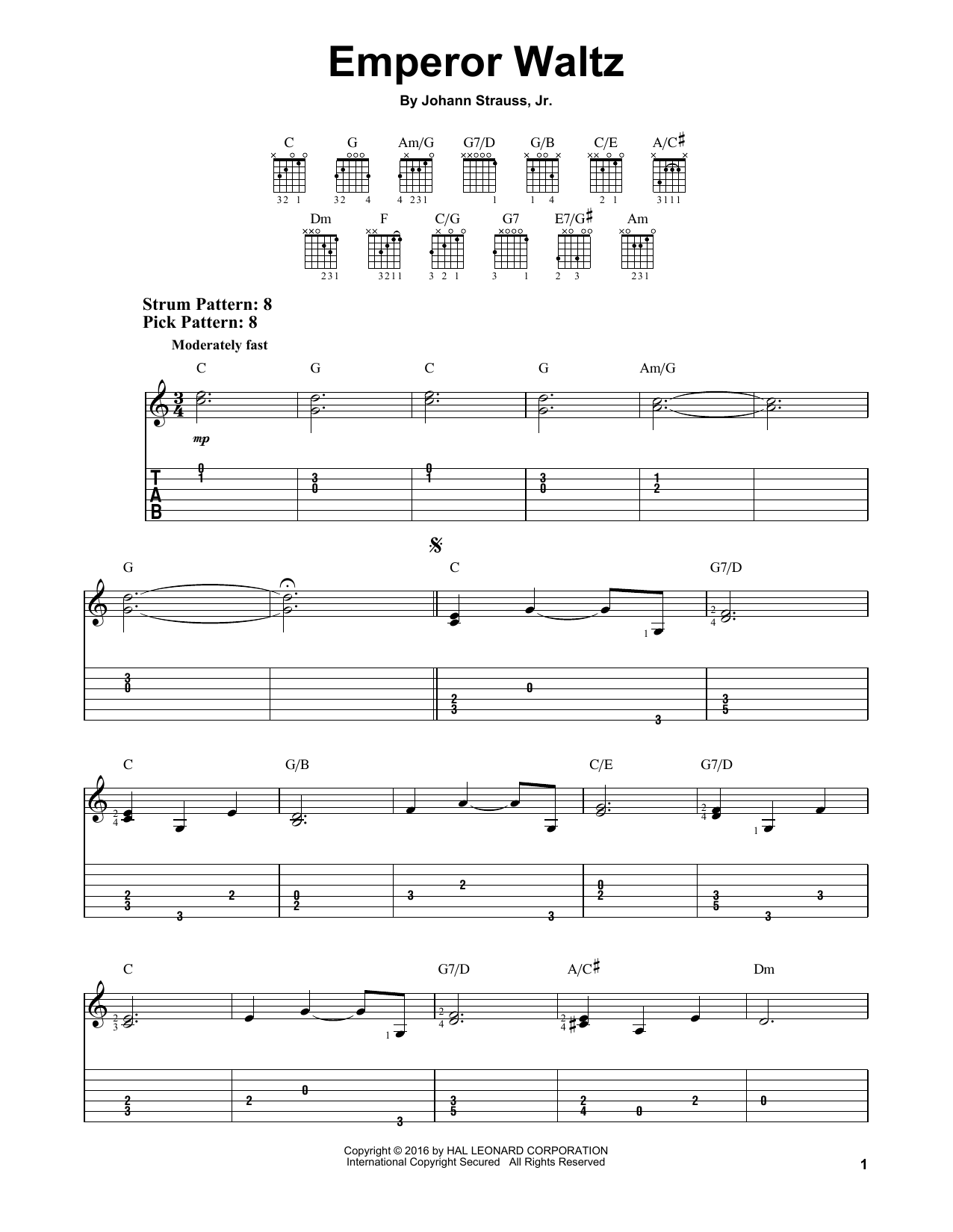 Johann Strauss, Jr. Emperor Waltz sheet music notes and chords arranged for Solo Guitar