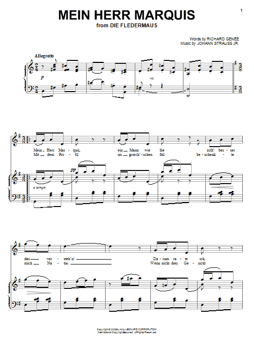 Learn to play Johann Strauss II Mein Herr Marquis sheet music for Piano, Vocal & Guitar Chords (Right-Hand Melody) in minutes. Price: 7.8900$ Johann Strauss II Mein Herr Marquis sheet music notes and chords arranged for Piano, Vocal & Guitar Chords (Right-Hand Melody)