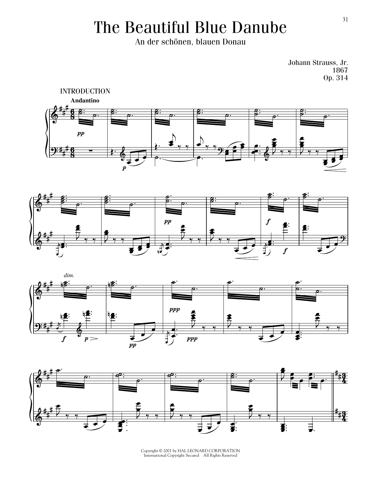 Johann Strauss The Beautiful Blue Danube, Op. 314 sheet music notes and chords arranged for Piano Solo